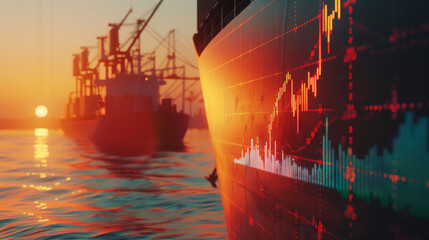 A cargo ship with cranes in the distance, overlaid with a vibrant financial graph, highlighting trade and economic themes.