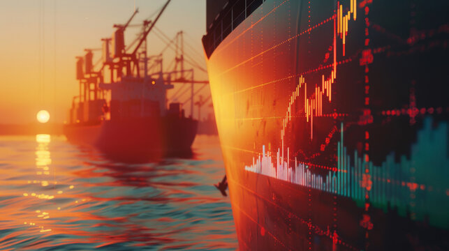 A cargo ship with cranes in the distance, overlaid with a vibrant financial graph, highlighting trade and economic themes.