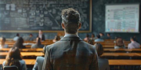 A teacher stands at the front of a classroom filled with students, ready to begin instruction