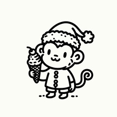 Obraz premium Monkey wearing a santa hat and santa claus costumes hold a ice cream in Christmas Eve Holiday Funny Party Cute Doodle Cartoon Line Art Vector Clipart 