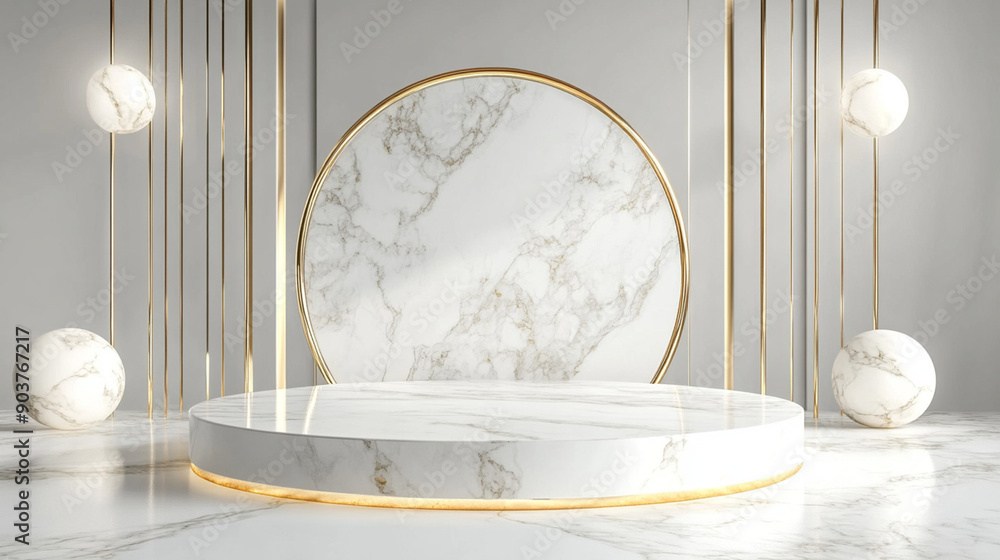 Aufkleber white marble and gold abstract background with generative ai. product display podium.