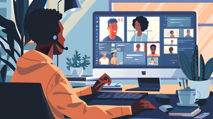 A person is sitting at their desk. talking to several people on the screen of an online video conference platform using finger gestures and touch focus 