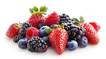 Assorted fresh berries isolated on white background, perfect mix of strawberries, blueberries, raspberries, and blackberries