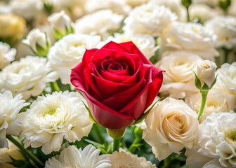 A solitary, velvety red rose stands out amidst a lush bouquet of creamy white carnations, exuding elegance and romance in a soft, warm light setting.