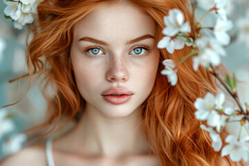 A woman with red hair and blue eyes is standing in front of a tree with white flowers. Concept of beauty and natural elegance