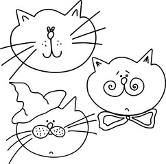 Set of hand drawn cat faces, doodle illustrations, mage cat, gentleman cat, whisker