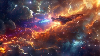 Naklejka premium Space tourism spacecraft flying past a distant nebula, with tourists captivated by the vibrant colors and shapes of the cosmic cloud 