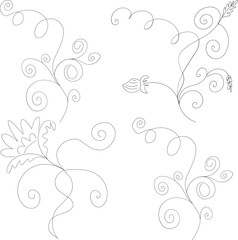 Hand drawn abstract flowers illustration, doodle, twigs and shapes