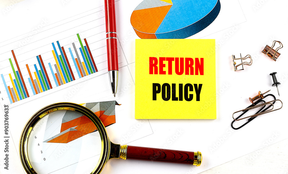 Poster return policy text on yellow sticky on chart with magnifier and pen
