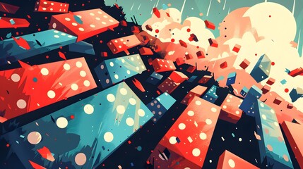 Economic collapse, dominoes falling, flat design