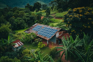 Obraz premium Old house solar panels on the roof in jungles