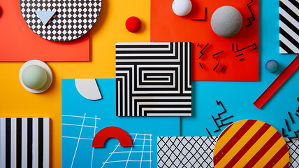 Obraz premium Minimalistic photo of a trendy geometric design featuring bold, colorful shapes and patterns arranged in a modern, eye-catching composition.