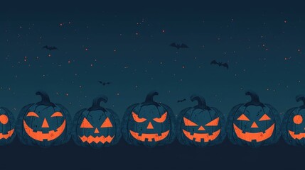 Glowing Jack o  lanterns Adorning the Dark Autumn Night   of Spooky Carved Pumpkins Floating in the Darkness with Bats Flying Above