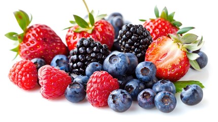 Fresh berry assortment isolated on a white background, with strawberries, blueberries, raspberries, and blackberries