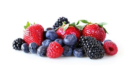 Obraz premium Fresh mixed berries isolated on a white background, including strawberries, blueberries, raspberries, and blackberries