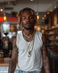 Fototapeta premium Attractive afro american hipster with a beard is drinking coffee posing in coffee shop