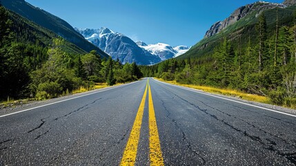 Naklejka premium Scenic Mountain Road Surrounded by Lush Forests and Majestic Peaks