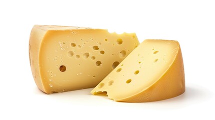 Isolated Maasdam cheese on a white background, featuring its smooth texture and signature holes, ideal for cheese and culinary imagery
