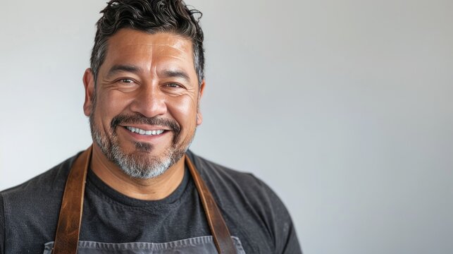 Latin man, middle-aged and wearing an apron, smiling at the camera with a clean white background, great for cooking and personal branding