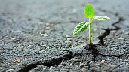 A small green plant is growing in the middle of a crack in the pavement