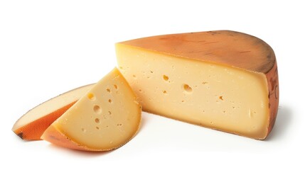 Maasdam cheese, a popular Dutch variety, isolated on a white background, showcasing its distinctive holes and creamy texture