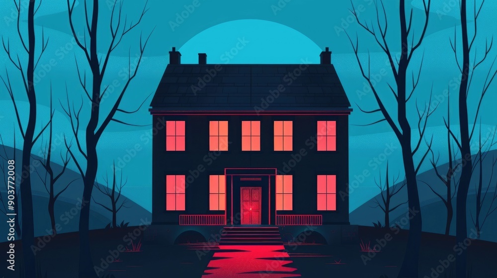 Poster haunting of an abandoned mansion with glowing windows in a dark atmospheric autumn night setting sur
