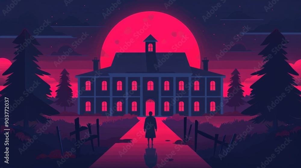 Poster of a haunted mansion with glowing windows set against a dark forest landscape under a large crimson 