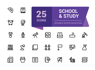 School and Study line icons collection. Web and UI icon set in a flat design. Thin outline icons pack. Vector illustration.