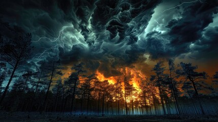 A dark sky with a storm and a fire in the woods