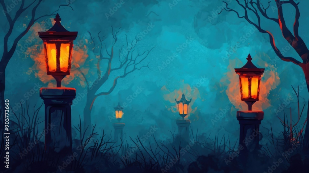 Poster eerie glowing lanterns casting a warm light in a mysterious autumn forest landscape creating a moody