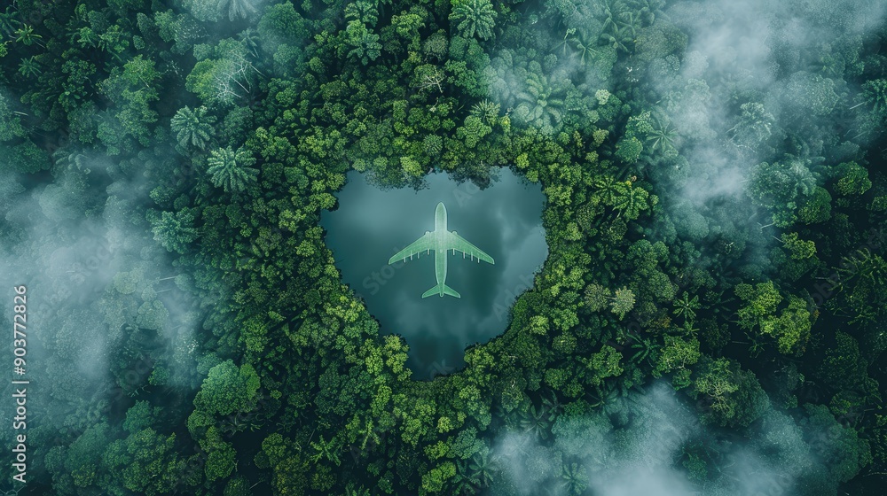 Wall mural A green plane is flying over a forest with a large body of water