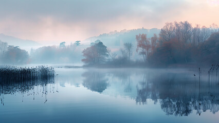 Fototapeta premium Nature’s Palette: Contrast of Pastel Colors in a Misty Evening Landscape