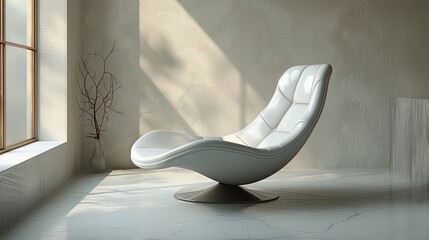 Sunlight streaming through a window illuminating a modern white leather chaise lounge in a contemporary designed room
