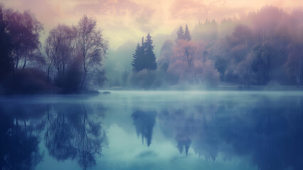 Fototapeta premium Nature’s Palette: Contrast of Pastel Colors in a Misty Evening Landscape