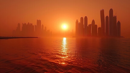 A city skyline is reflected in the water as the sun sets