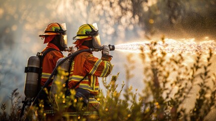 Two firefighters are spraying water on a fire