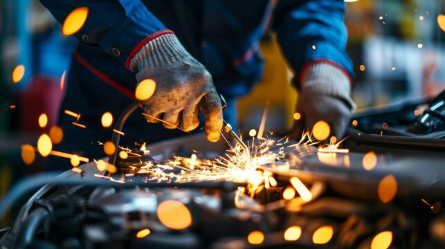 mechanic with protective mask welding car parts - Powered by Adobe
