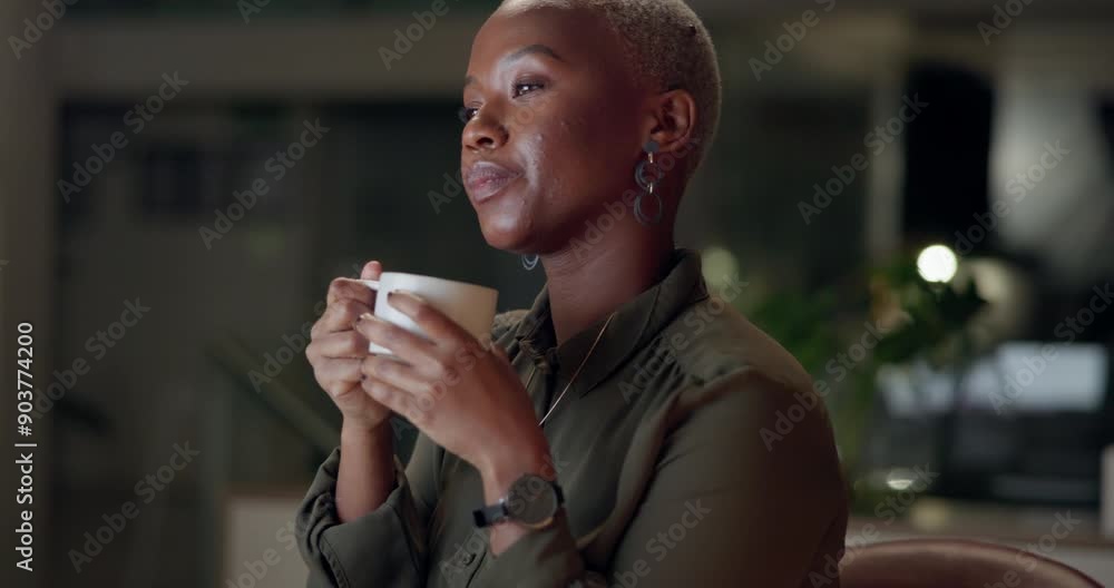 Poster Black woman, thinking and drinking coffee at night with planning for paralegal case at law firm. Research, deadline and hot drink with professional and ideas for legal report with lawyer working