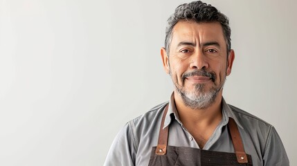 Smiling middle-aged Latin man in an apron, gazing at the camera with a white background, perfect for culinary and family content