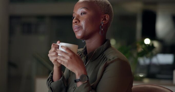 Black woman, thinking and drinking coffee at night with planning for paralegal case at law firm. Research, deadline and hot drink with professional and ideas for legal report with lawyer working