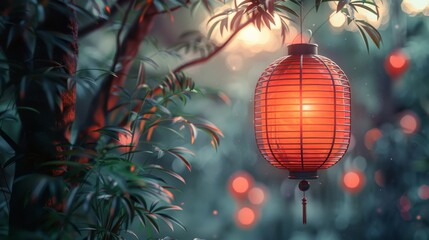 Obraz premium Single red paper lantern hanging from the branch of a tree illuminating a tropical garden with bokeh