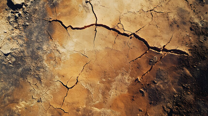 Fototapeta premium Cracked earth displayed in shades of brown and orange, showcasing textures and dry soil. The surface reveals signs of drought or erosion with visible fissures and rock fragments.