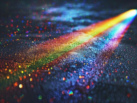 A vibrant rainbow colored light shining brightly on a dark background