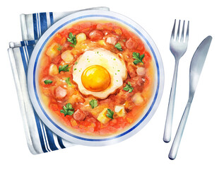 Vegetable dish pisto manchego in a plate. Watercolor illustration