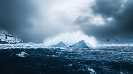 Fototapeta premium Majestic iceberg emerges from turbulent ocean waters under a dramatic, cloudy sky, creating a scene of natural beauty and power in a cold environment