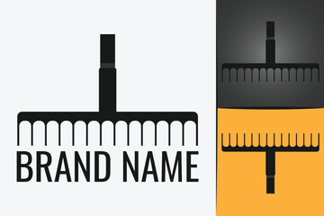 Garden rake logo. Gardening leaf work tool rakes logotype.  Agriculture ground cultivator tool rake for leaves