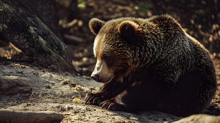 Fototapeta premium A brown bear rests quietly on the ground, focusing intently with its rounded ears and thick fur glistening in soft sunlight, surrounded by natural earth and blurred greenery
