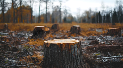 Obraz premium Cut tree stumps are scattered across a deforested area, surrounded by dried grass and fallen branches, reflecting the environmental impact of logging in this autumn landscape