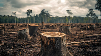 Fototapeta premium Deforested land shows numerous tree stumps amid sparse vegetation, highlighting the impact of logging. A cloudy sky adds to the somber atmosphere of the barren landscape