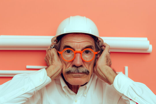 Architect covering ears with architectural plans